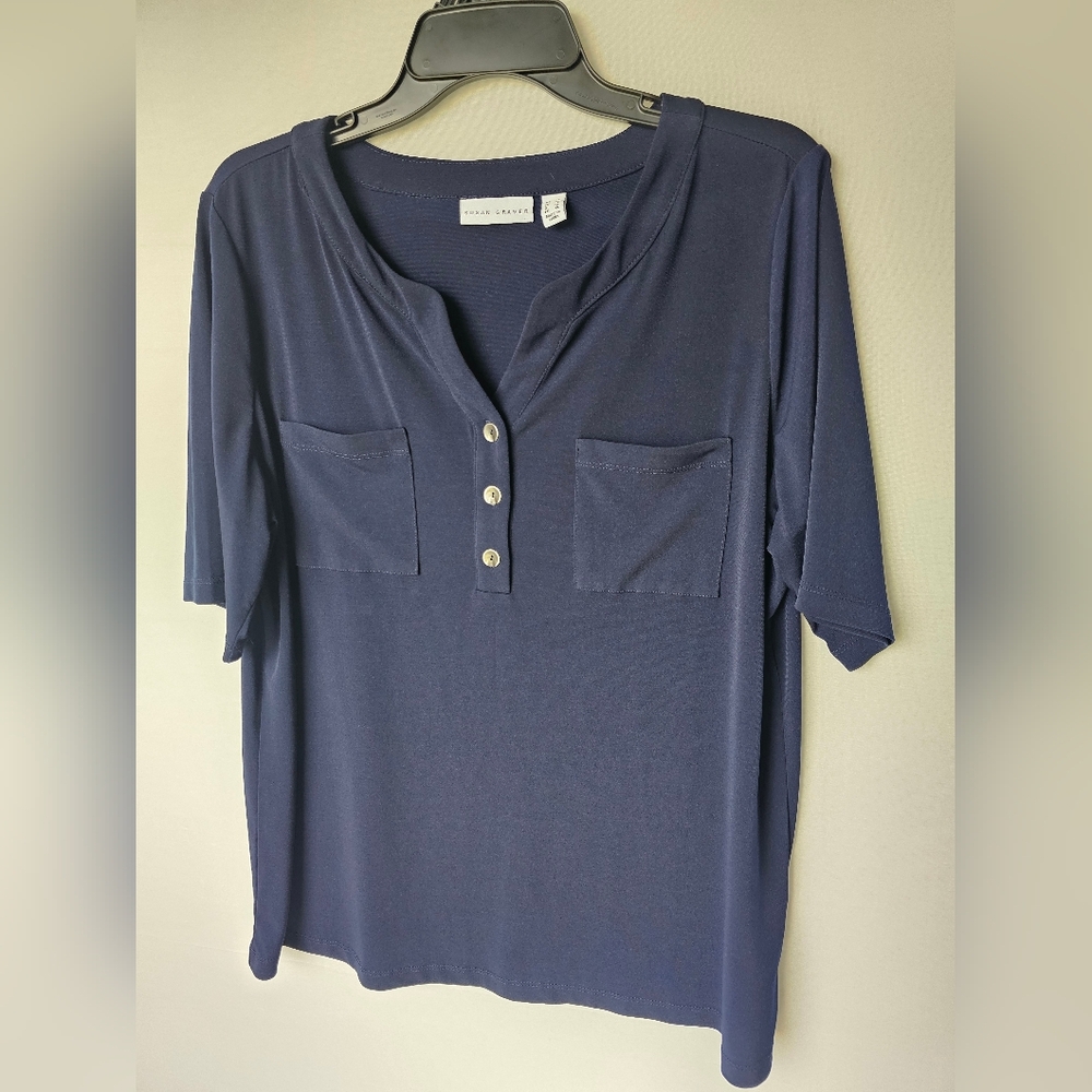 Susan Wraver Navy Short Sleeve Henley Top - Picture 4 of 16